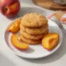 Freshly baked peach cookies on a cooling rack with peaches in the background.