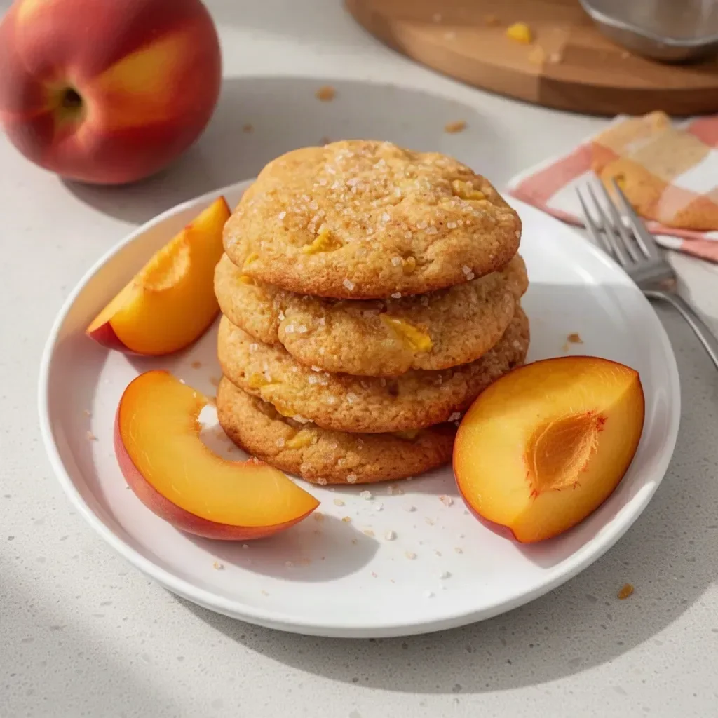 Freshly baked peach cookies on a cooling rack with peaches in the background.