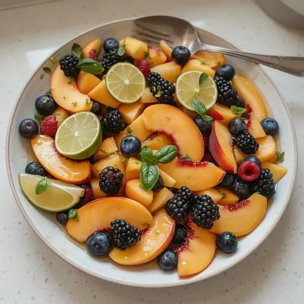Peach fruit salad with honey lime dressing in a bowl