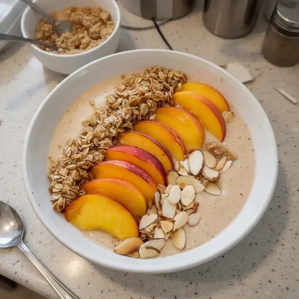 Delicious Peach Pie Smoothie Bowl topped with fresh peaches and granola