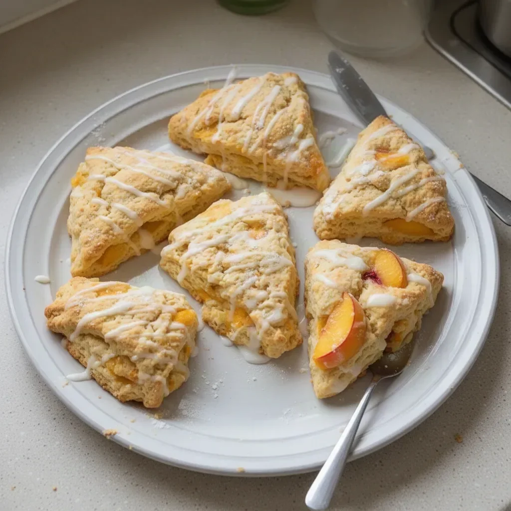 Freshly baked peach scones on a rustic wooden table
