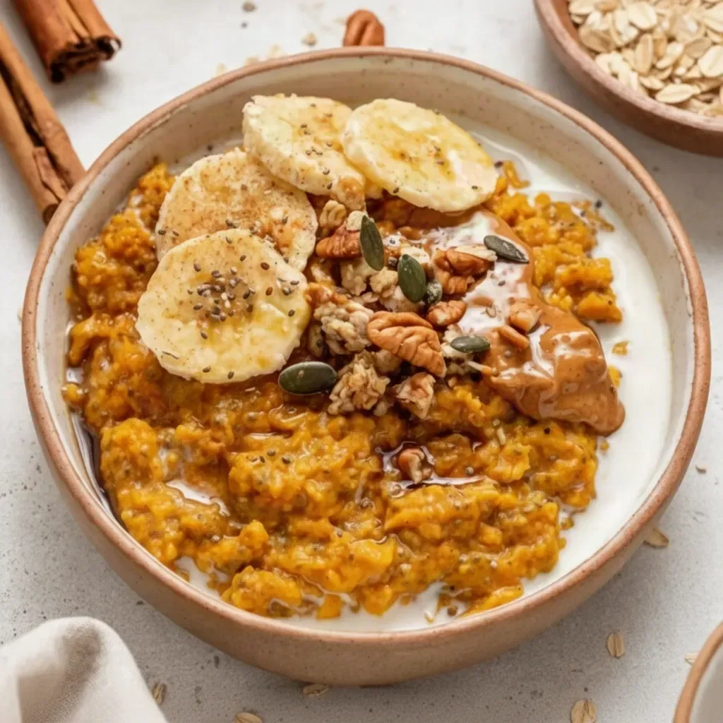 Bowl of quick pumpkin oatmeal topped with nuts and spices