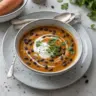 Bowl of roasted sweet potato and black bean soup garnished with herbs
