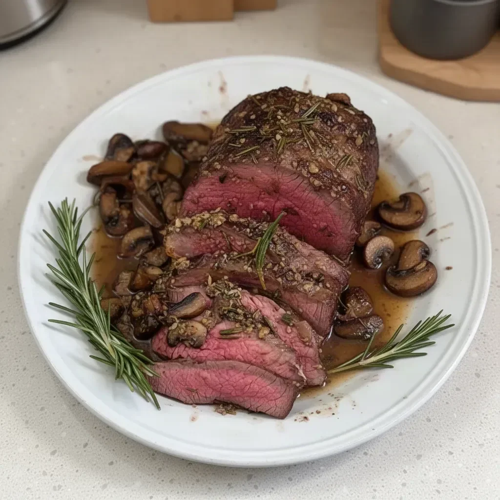 Rosemary and Garlic Roast Beef served with fresh herbs and spices