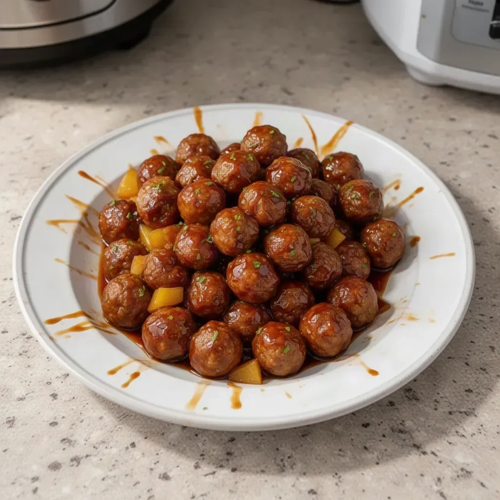 Slow cooker teriyaki meatballs simmering in a flavorful sauce