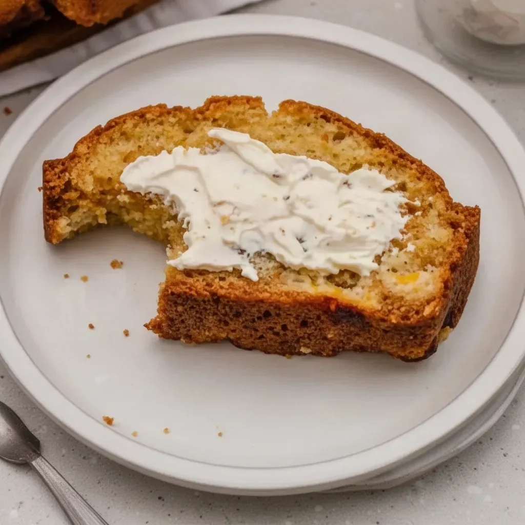 Freshly baked Southern peach bread with slices and peach slices on a wooden board
