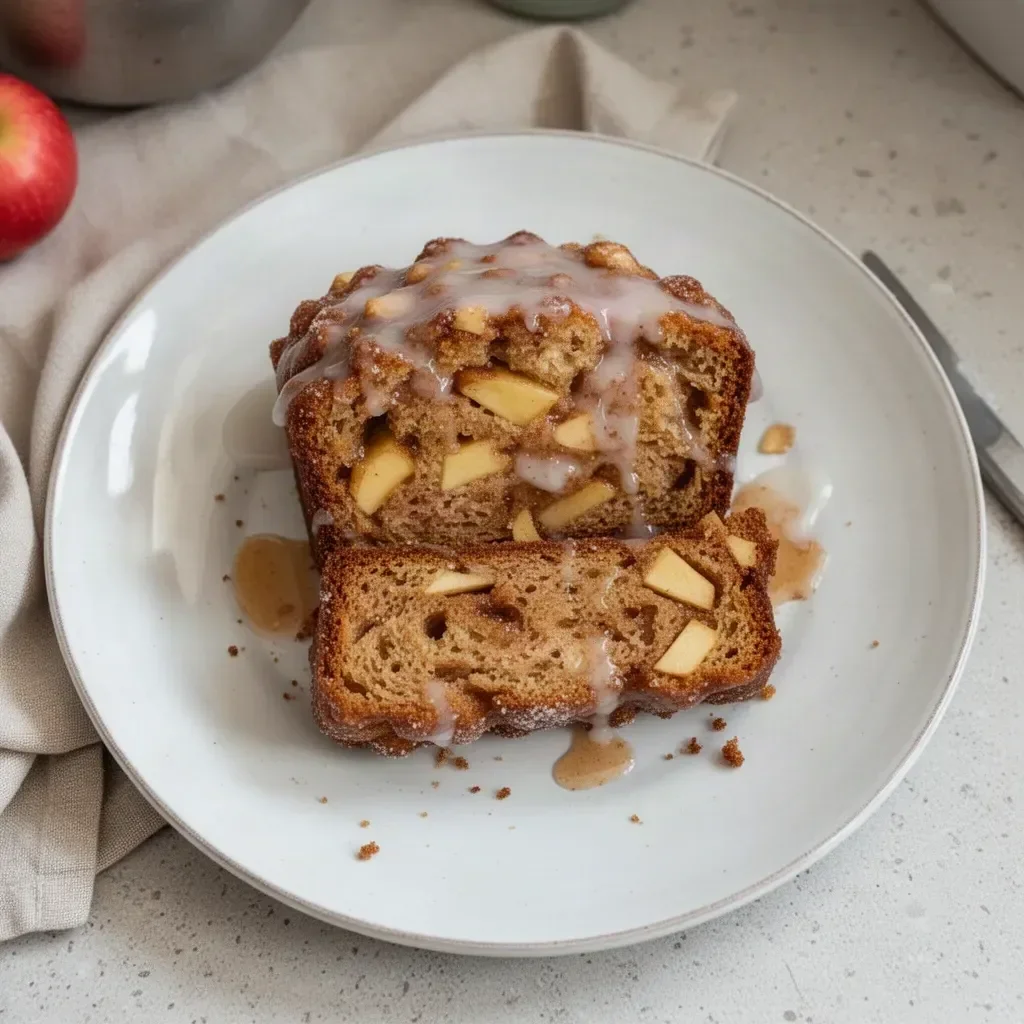 A slice of spiced apple fritter bread topped with glaze and apples