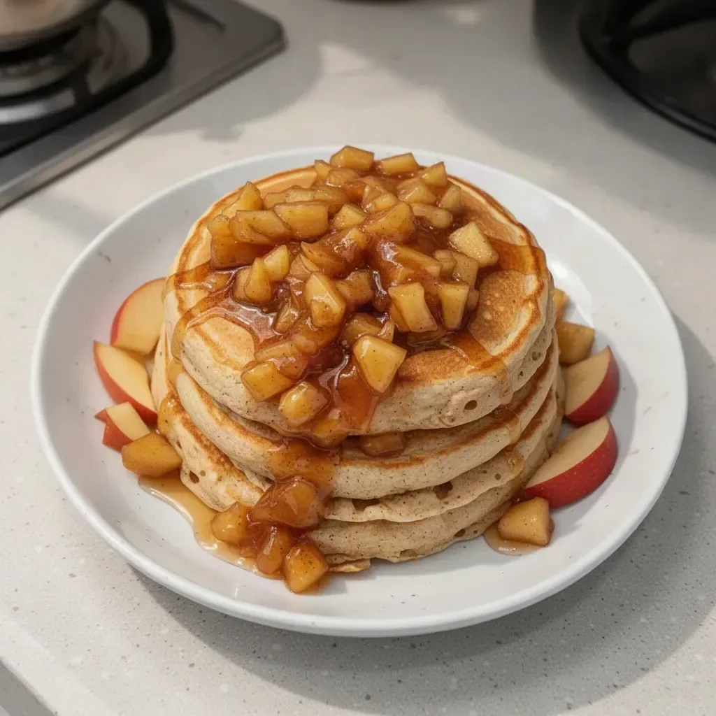 Delicious spiced apple pancakes topped with fresh apples and syrup