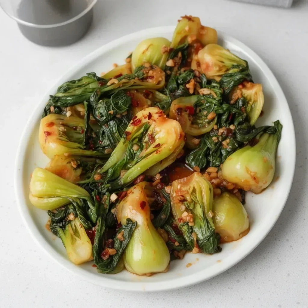 Plate of Spicy Garlic Bok Choy sautéed with seasoned garlic.