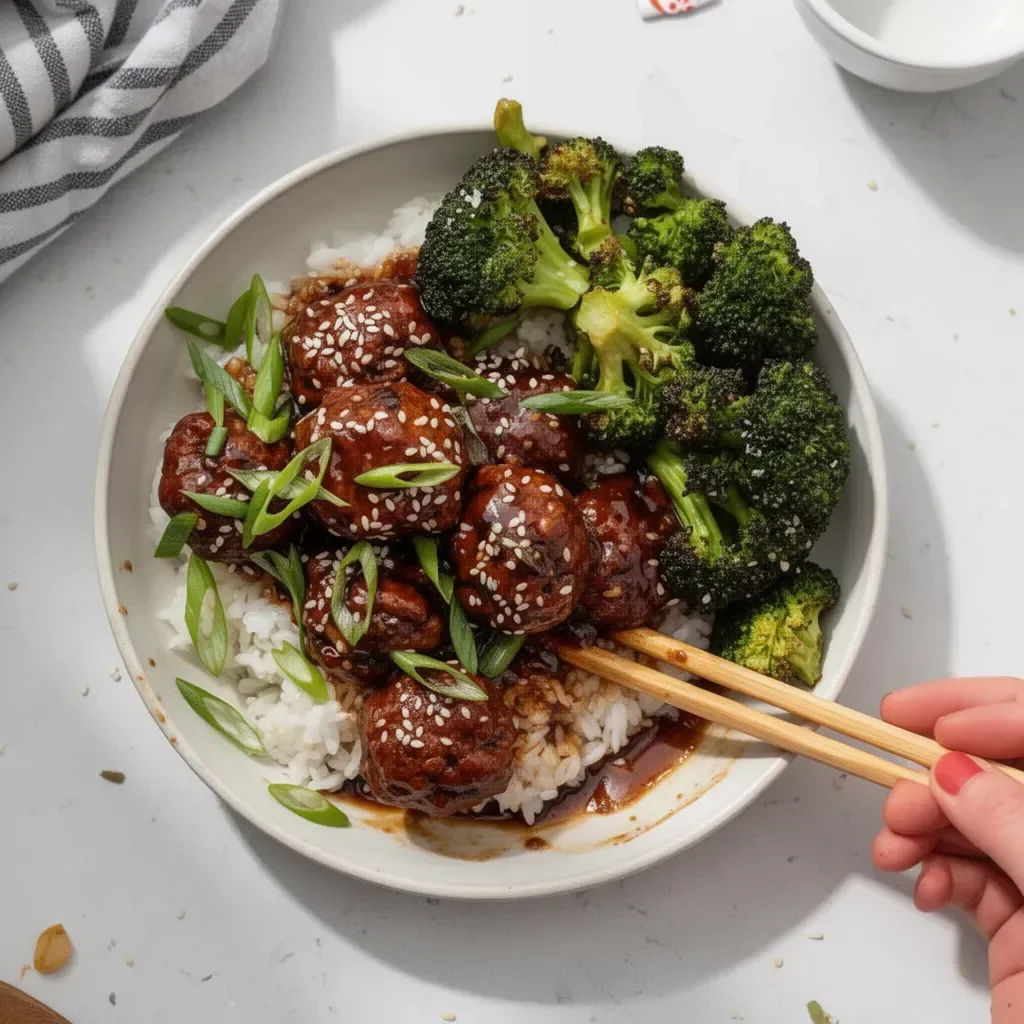 Delicious Sticky Mongolian Beef Meatballs served with rice and vegetables