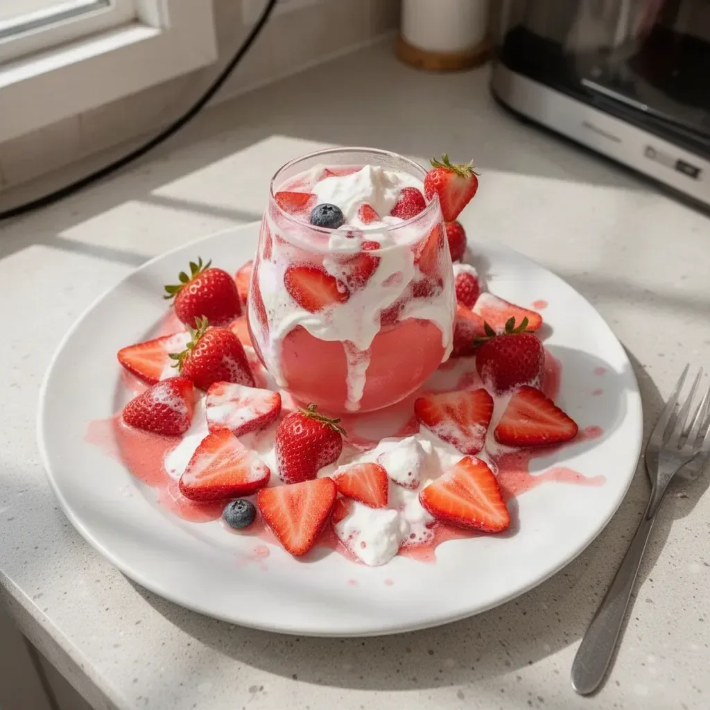 Strawberries and Cream Cocktail in a glass with fresh strawberries on the side