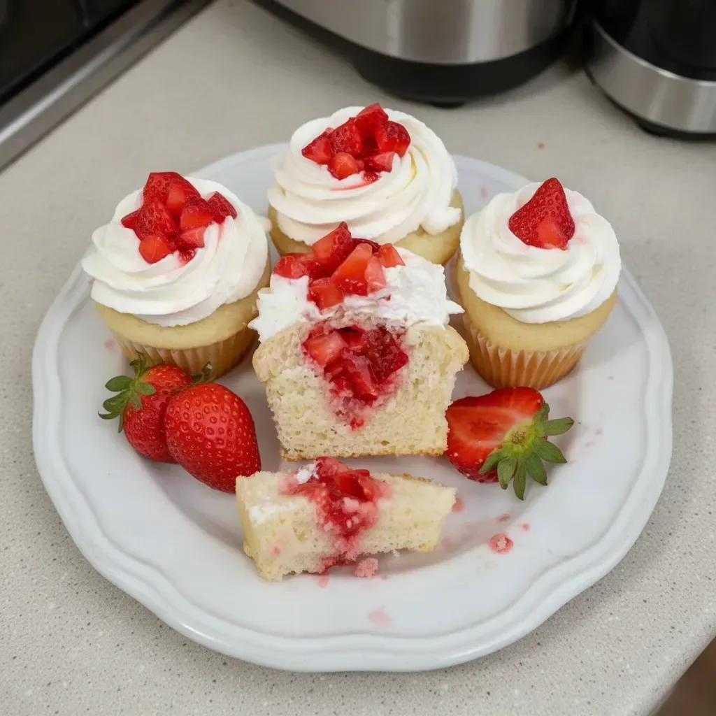 Delicious strawberry shortcake cupcakes topped with fresh strawberries and cream