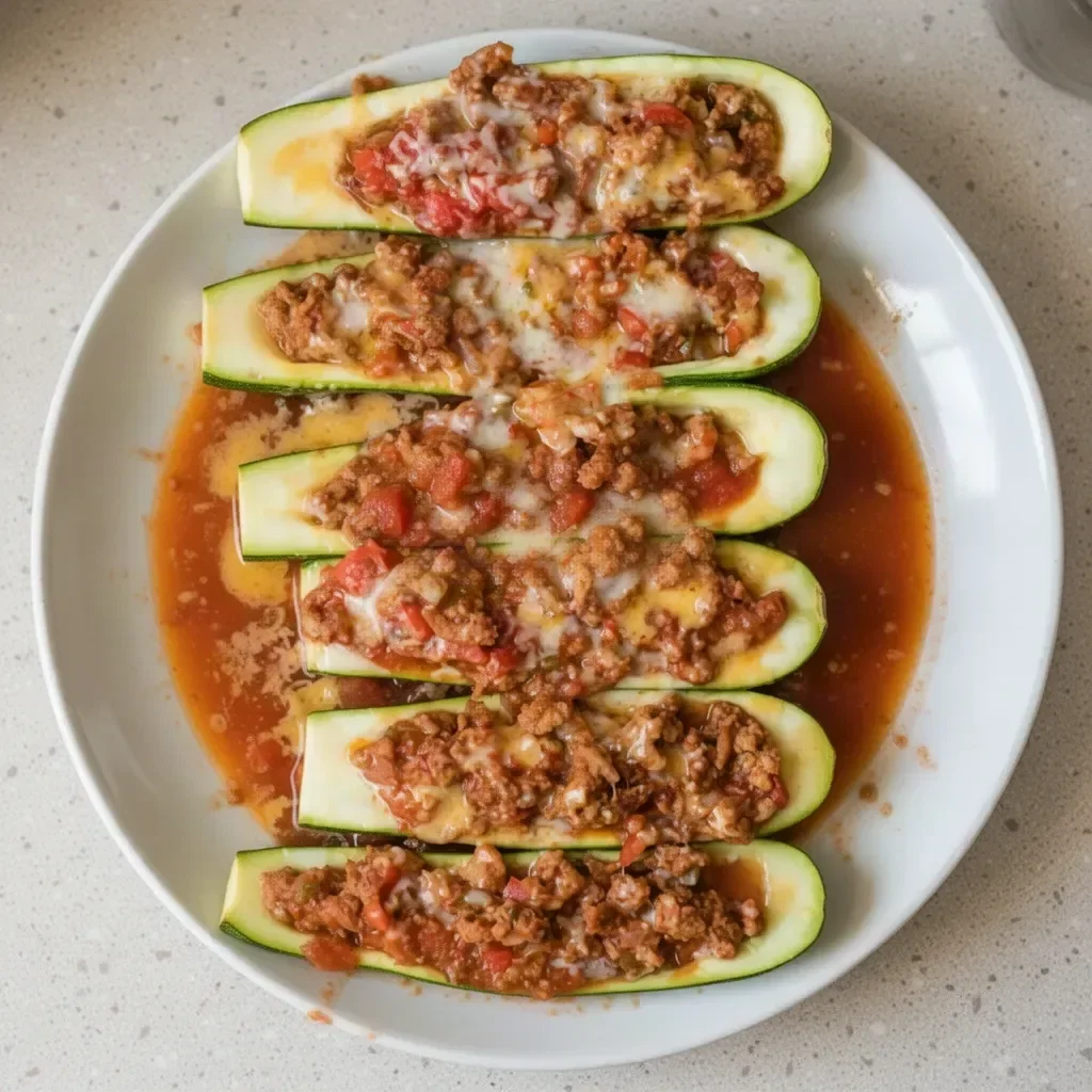 Stuffed zucchini filled with turkey and salsa, garnished and ready to serve.