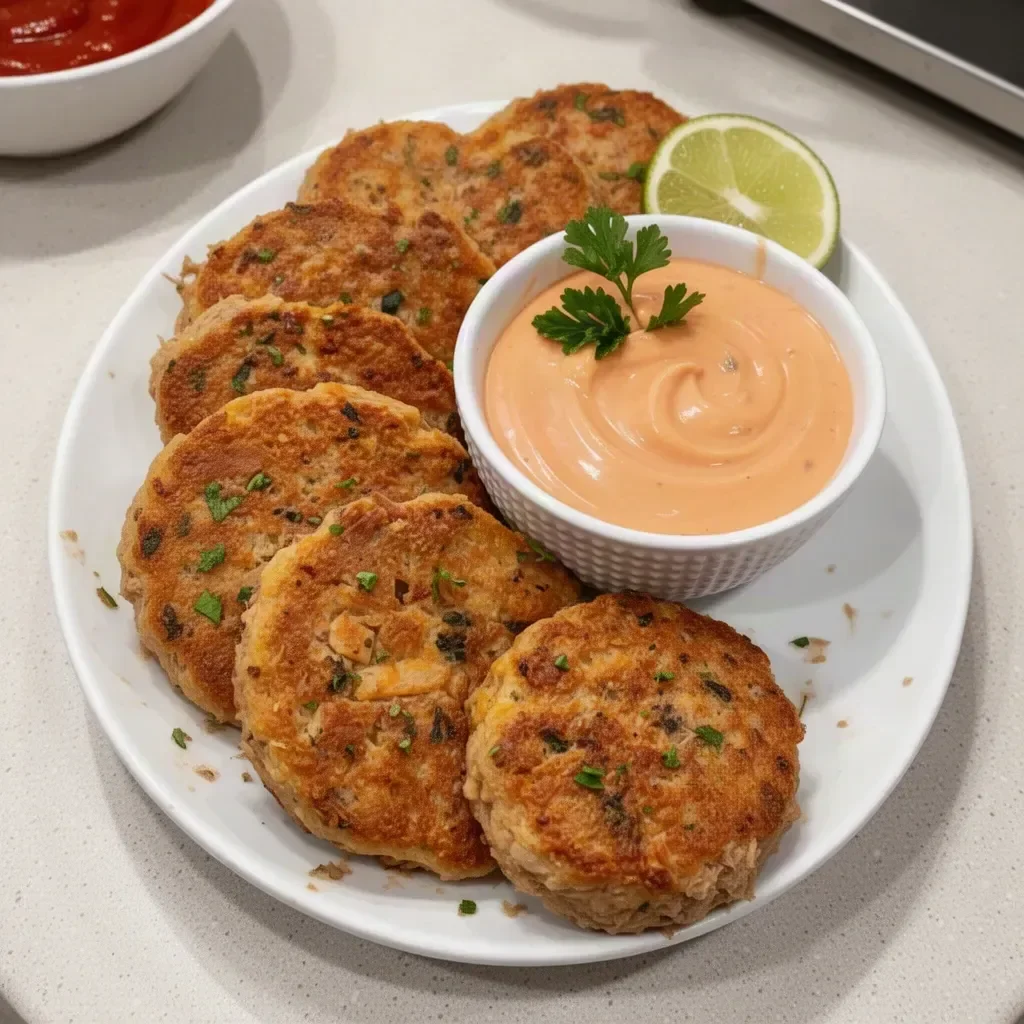Golden brown tuna patties served with salad on a white plate