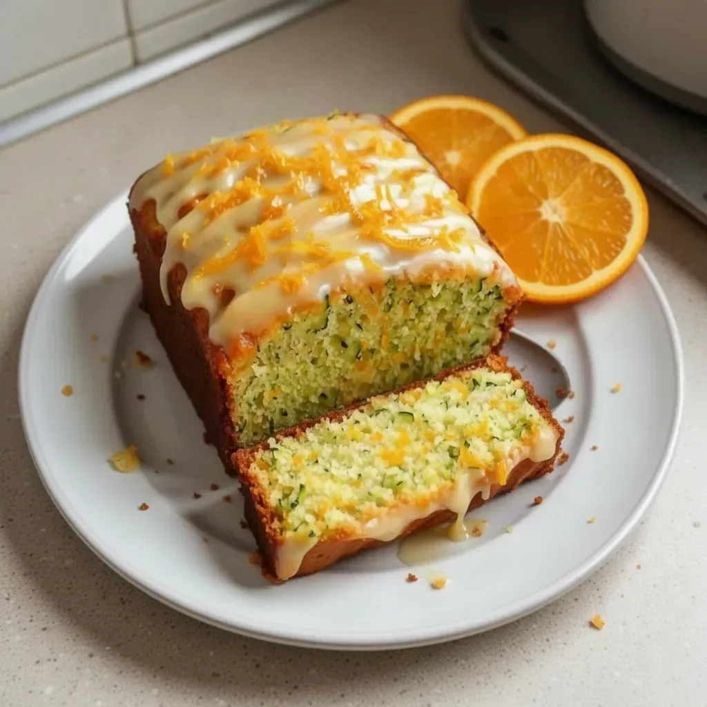 Delicious zucchini orange cake topped with orange zest and served on a plate.