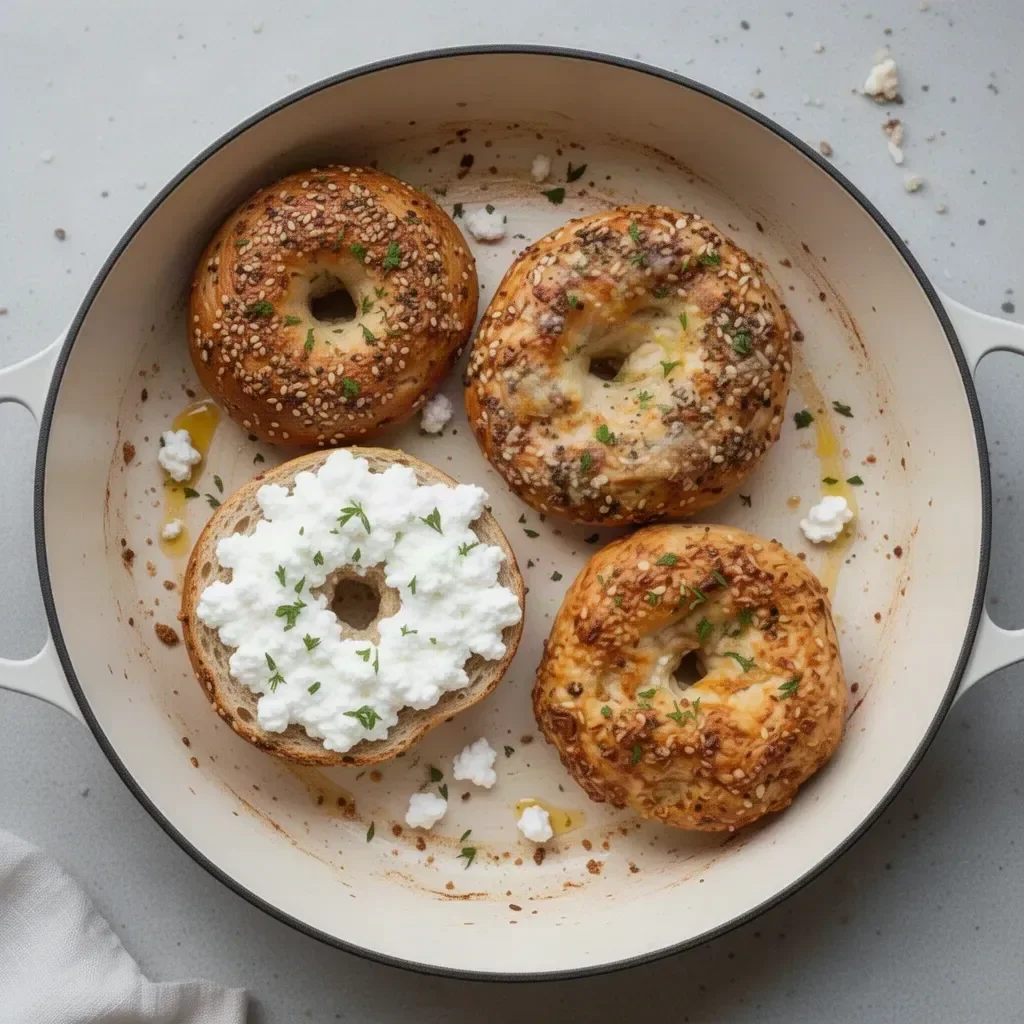 Baked protein bagels with cottage cheese on a wooden table