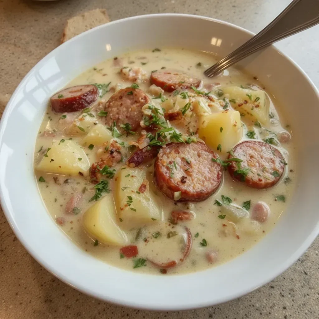 Creamy potato sausage soup served in a bowl with seasoning and fresh herbs.