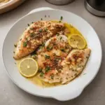 Oven baked tilapia with garlic butter on a plate, garnished with herbs
