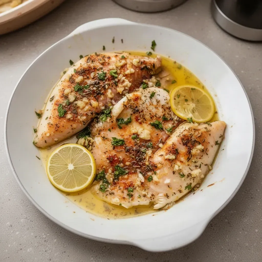 Oven baked tilapia with garlic butter on a plate, garnished with herbs