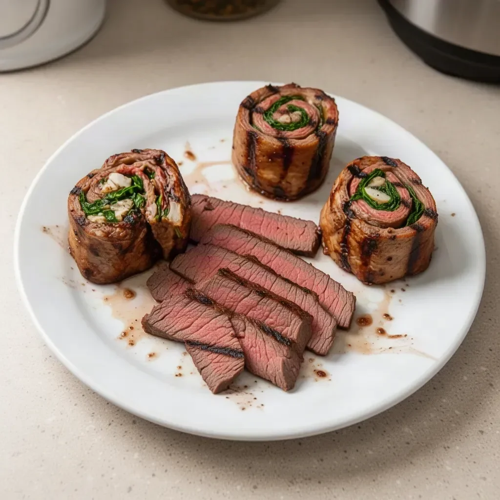 Grilled Flank Steak Pinwheels served on a platter with fresh herbs.