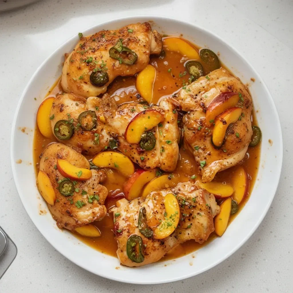 Grilled Jalapeño Peach Chicken garnished with fresh herbs on a plate.