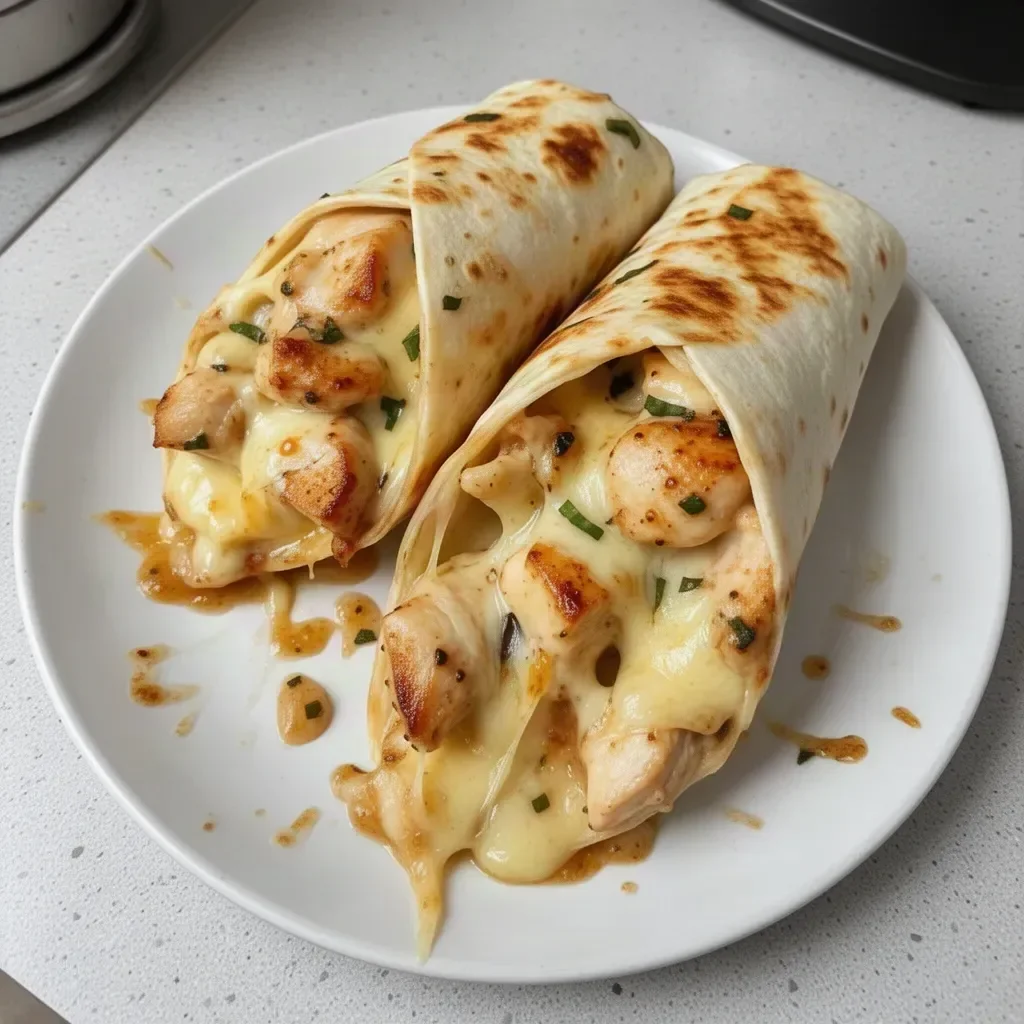 Cheesy garlic chicken wraps served with fresh herbs and topped with melted cheese