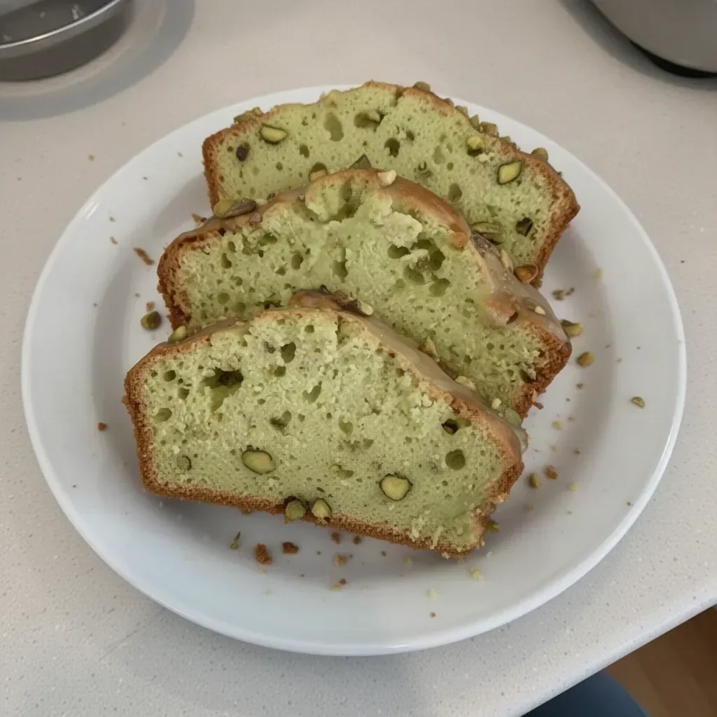 Delicious slice of pistachio pudding bread on a wooden table.