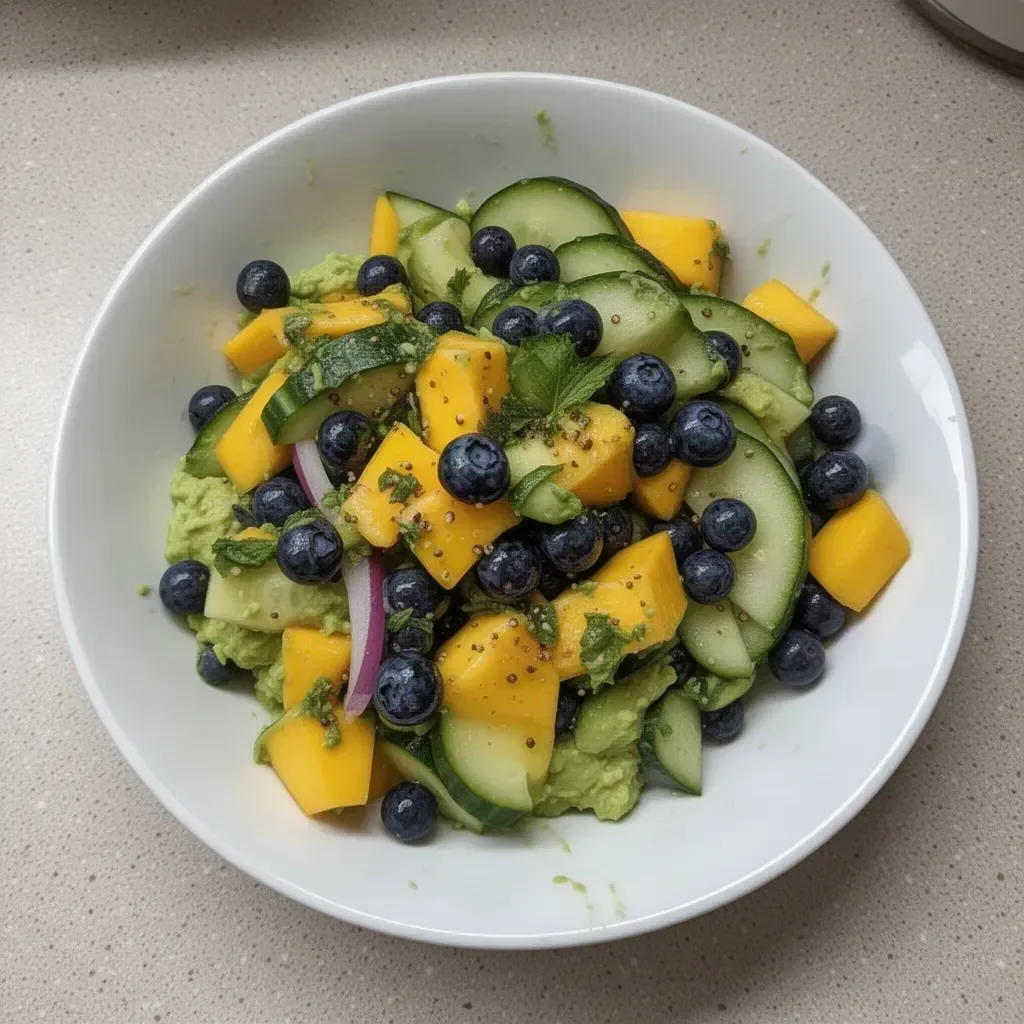 Mango Cucumber Salad topped with blueberries and creamy avocado for a refreshing dish