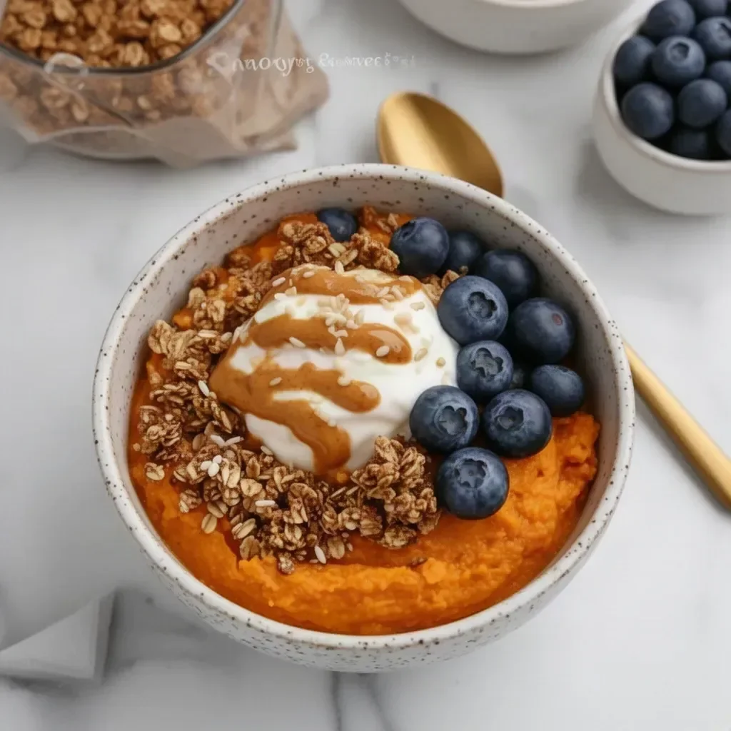 Savory and sweet sweet potato breakfast bowl topped with fresh ingredients