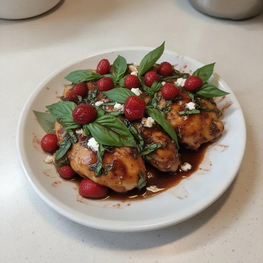 Delicious Strawberry Basil Chicken dish served with fresh basil and ripe strawberries.